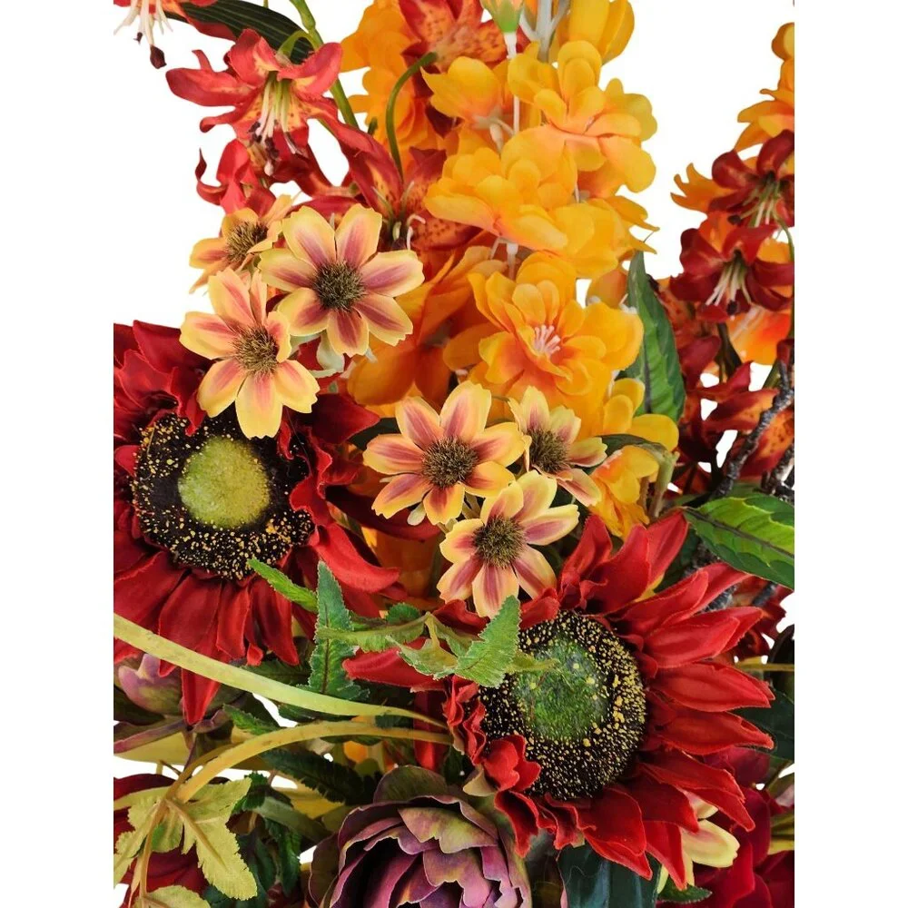 Artificial Floral Arrangement Bouquet - Fall Colors Red Yellow & Textured Accent